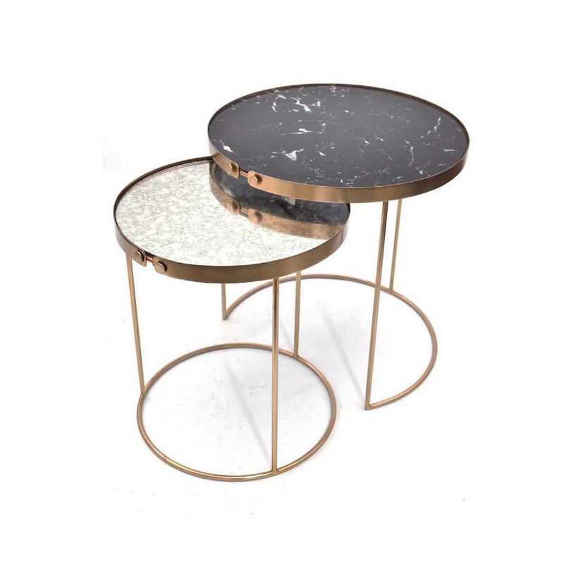 Rica Set of 2 Nesting Side End Tables, Silver Top, Black and Gold Metal - Benzara