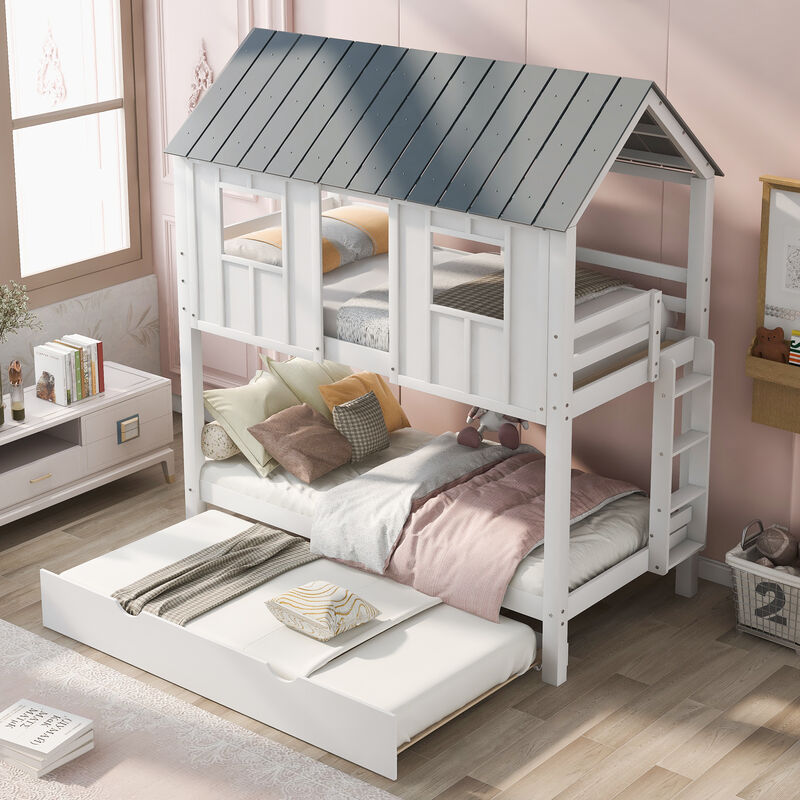 Whisen Twin Size House Bunk Bed with Trundle, Pine Wood, for Kids Teens Bedroom image number 1