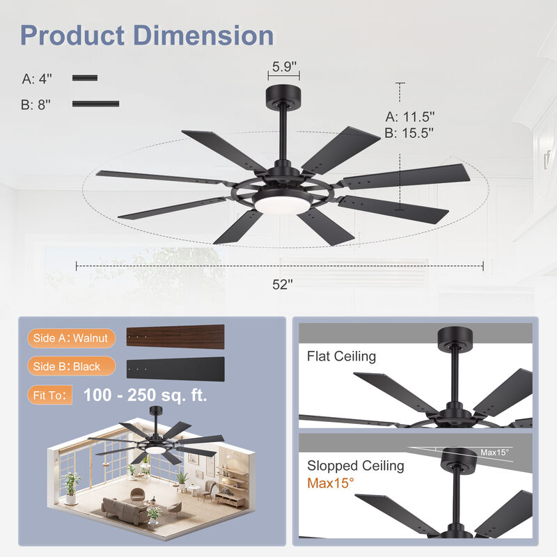 Breezary 52In LED Ceiling Fan with Light, 8 Blades, Quiet Modern Ceiling Fan, 3CCT Color Temperature, Remote Control image number 6