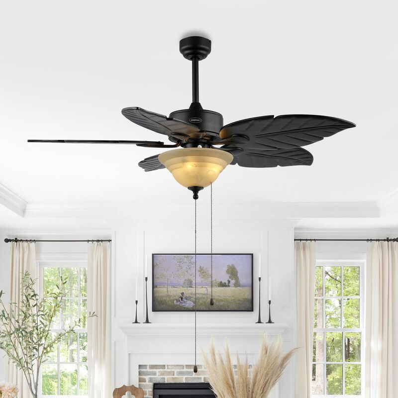 Poinciana 52" 3-Light Coastal Bohemian Iron/Wood Palm Leaf LED Ceiling Fan with Pull Chain, Dark Brown