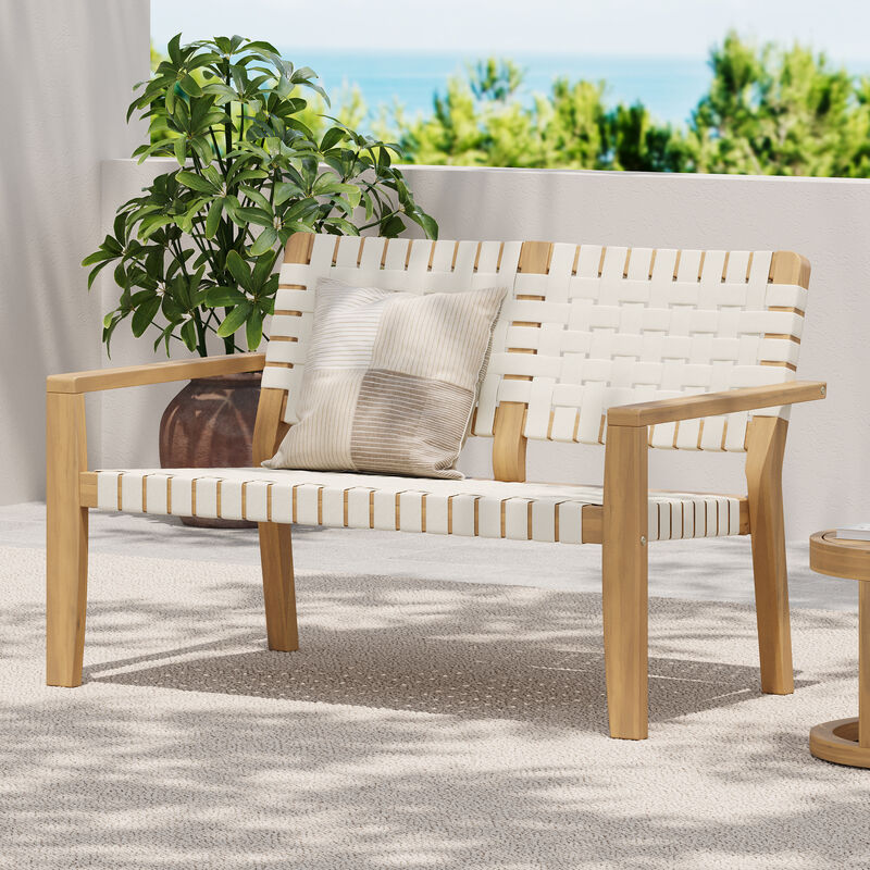 Merax Premium Acacia Wood Outdoor Loveseat Stylish Black Rope Weaving Design image number 1