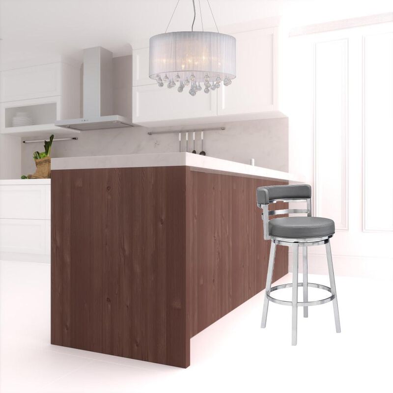 Hivvago 26 Inch Gray And Silver Faux Leather And Iron Swivel Low Back Counter Height Bar Chair