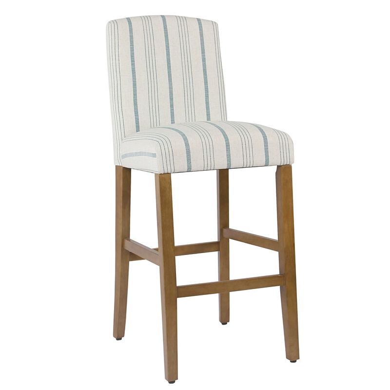 Fabric Upholstered Wooden Barstool with Striped Cushioned Seat, White and Blue image number 0