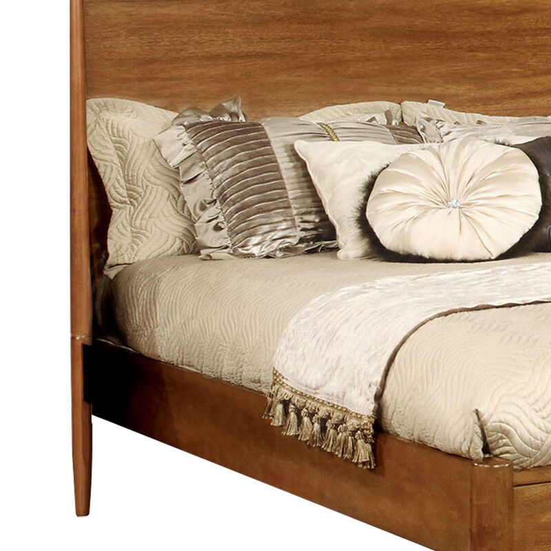 Mid Century Modern Wood Queen Bed, Round Tapered Legs, Oak Brown-Benzara