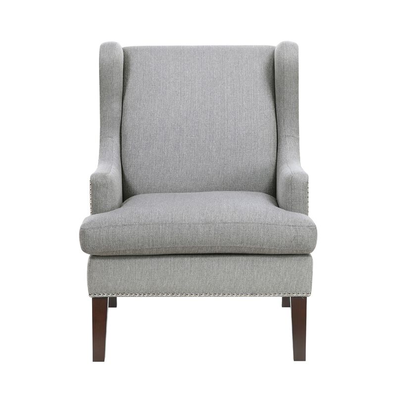 Rossana Accent Wing Armchair, Gray Polyester, Brown Wood, Nailhead