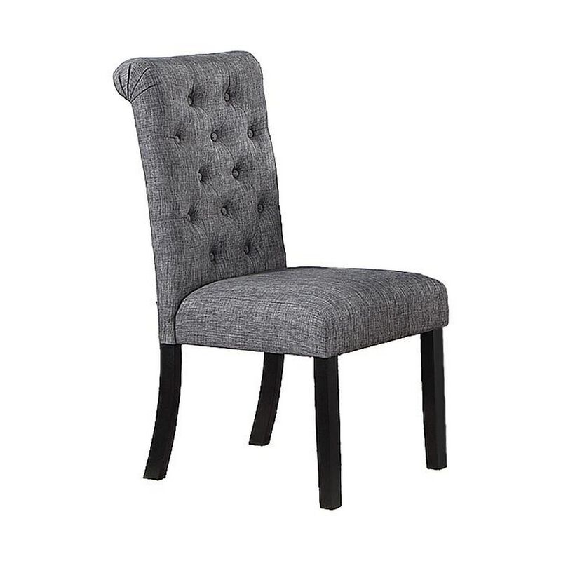 Jie 25 Inch Dining Chairs, Set of 2, Tufted Gray Upholstery, Rolled Top, Black Wood