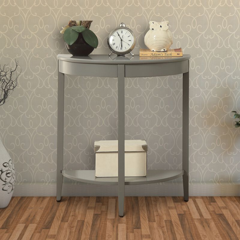Wooden Half Moon Shaped Console Table with One Open Bottom Shelf, Gray-Benzara