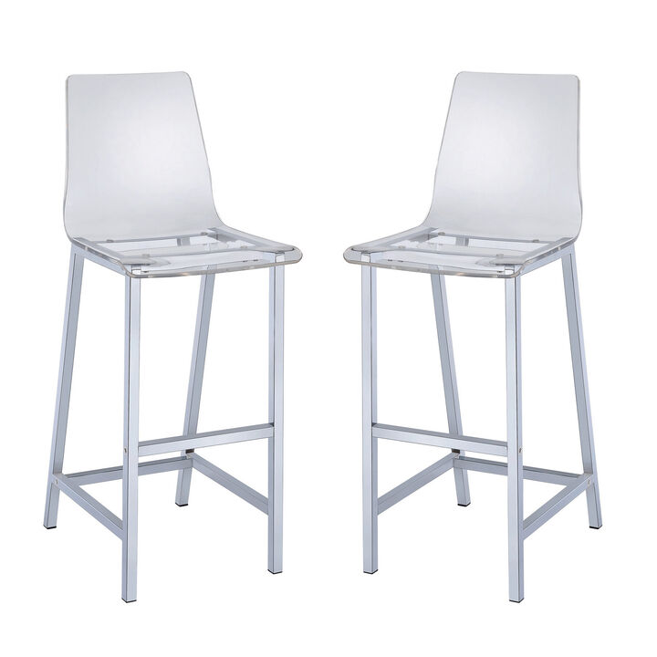 Elegant Acrylic Bar Height Stool with Chrome Base, Clear And Silver, Set of 2