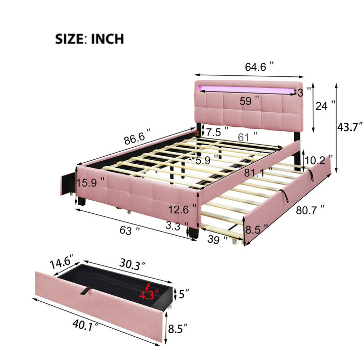 Queen Size Upholstered Platform Bed with LED Frame, with Twin XL Size Trundle and 2 drawers, Linen Fabric, Pink
