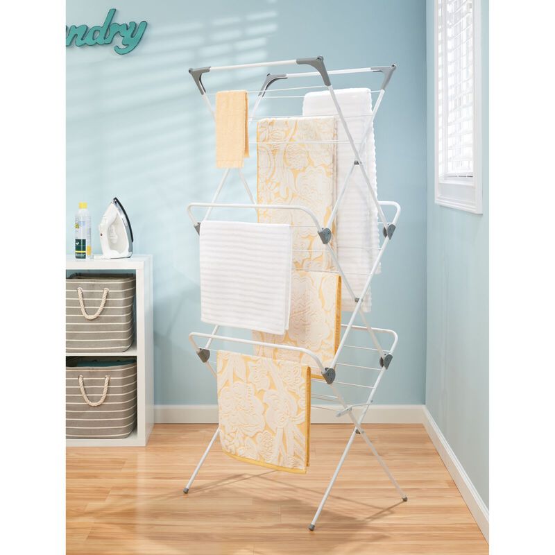 mDesign Tall Metal Foldable Laundry Clothes Drying Rack Stand - White/Gray