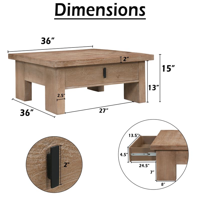 Les 36 Inch Square Coffee Table with Panel Legs, 2 Storage Drawers, Matte Brown Mango Wood, Black Handles image number 4