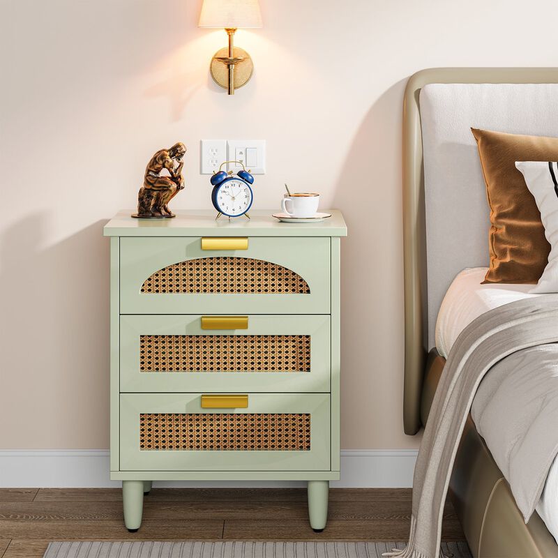 Bedside Table with 3 Drawers, Rattan Nightstand Storage Cabinet-Green image number 1