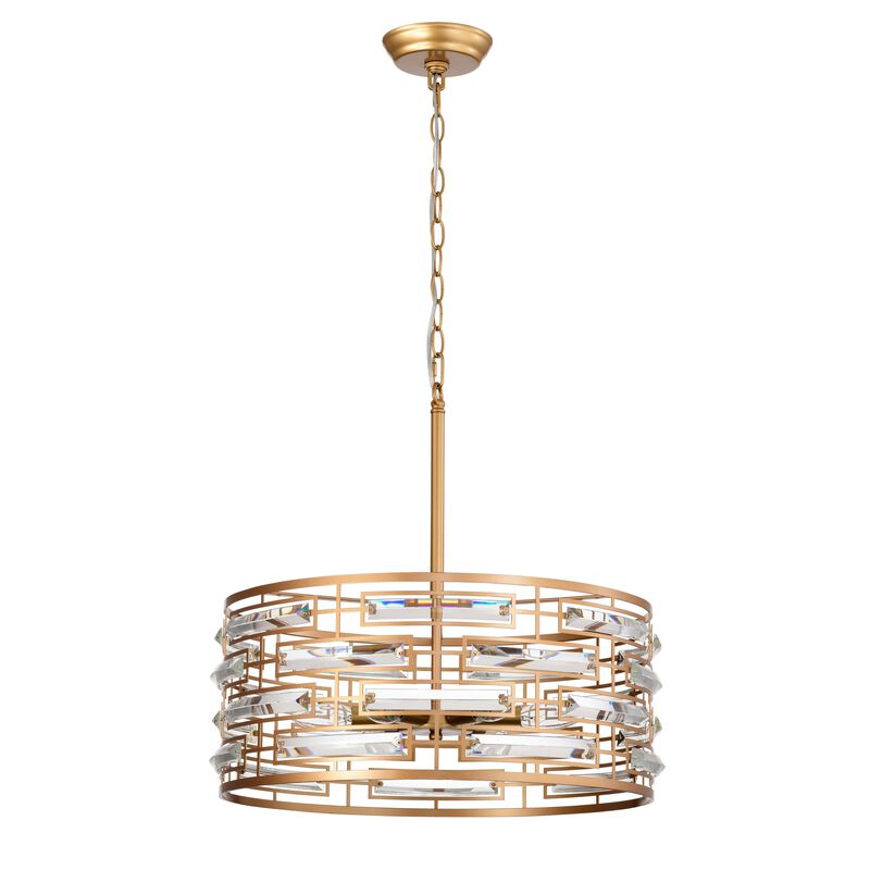 Laia Glossy Brass Drum Shade Chandelier with Clear Glass Prism image number 9