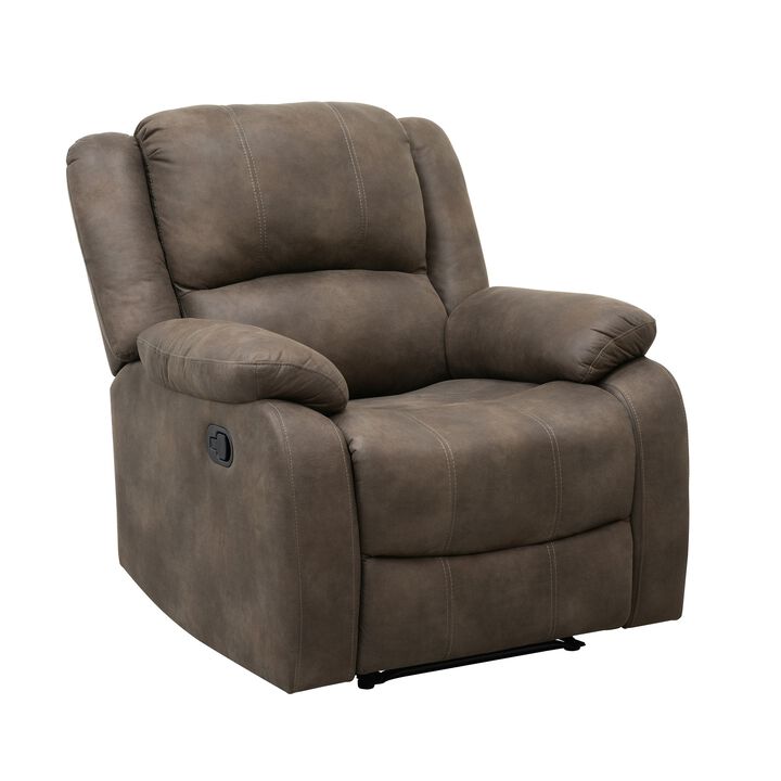 Chris 38 Inch Manual Recliner Chair, Cushions, Solid Wood, Brown Microfiber - Benzara