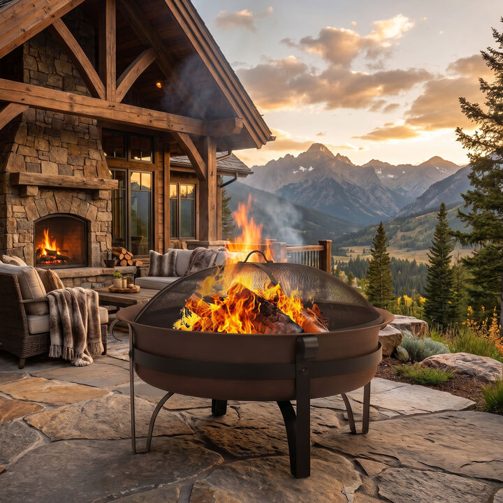 Sunnydaze 34 in Cauldron Style Steel Fire Pit with Spark Screen - Bronze