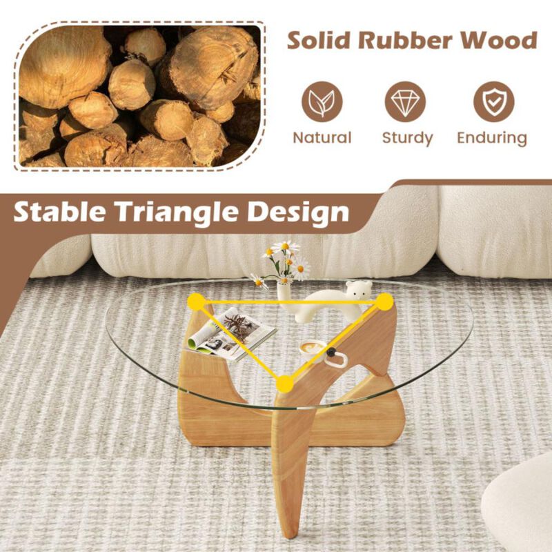 Hivvago Triangle Coffee Table with Tempered Glass Top and Adjustable Rubber Wood Base
