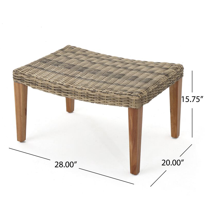 Bops Outdoor Ottoman, Gray Faux Rattan Wicker, Brown Acacia Wood - Benzara