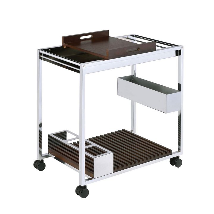Metal and Wood Serving Cart with Tray and Floating Shelf, Brown and White-Benzara