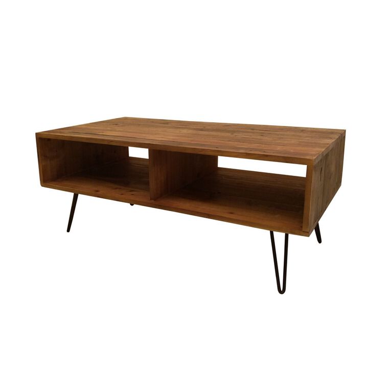 42 Inch Modern Cocktail Coffee Table with Open Compartments, Brown Wood Top-Benzara