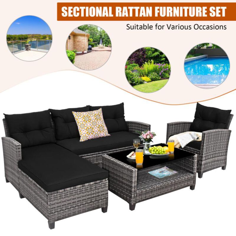 Hivvago 4 Pieces Patio Rattan Sofa Furniture Set with Cushion and 2-Tier Coffee Table