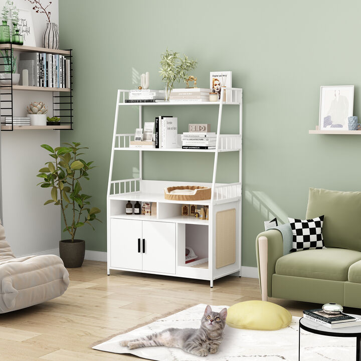 White Multi-Layer Storage Shelf Hidden Cat Litter Box Enclosure Furniture, Wood Cat Washroom Furniture with Side Scratch