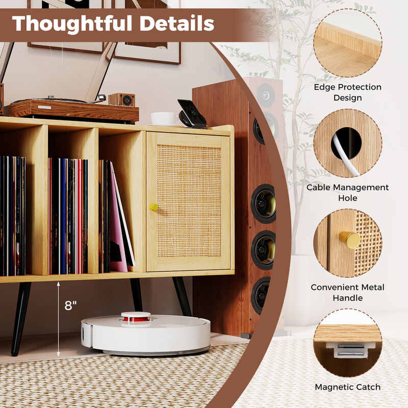 Record Player Stand with Rattan Cabinet and Charging Station for Living Room-Natural image number 4