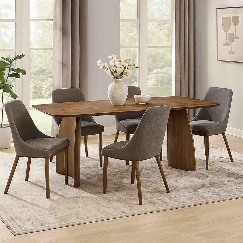 Hamza Rectangular Dining Table, Curved Wood Base, Walnut Brown 71 Inch