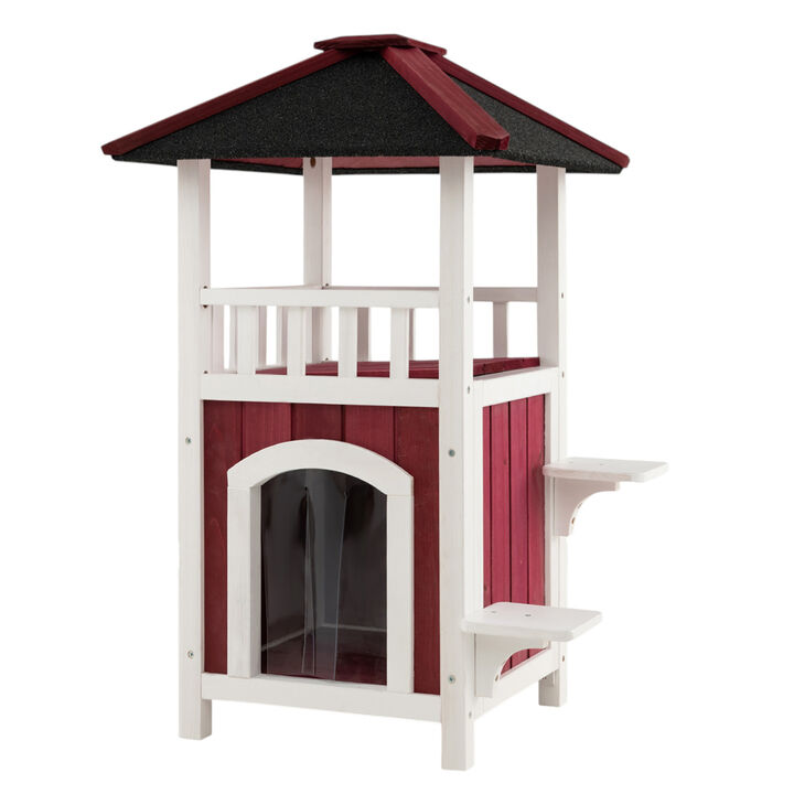 Outdoor 2-Story Wooden Cat House with Balcony, Roof & Rain Curtain &ndash; Red