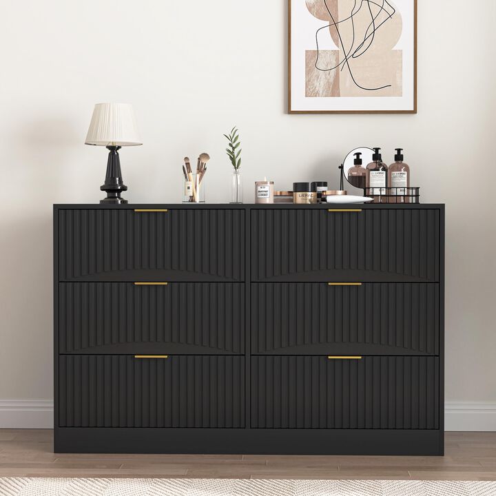 6 Drawer Dresser, Modern Chest of Drawers with Wave Pattern Drawer Fronts, Storage Cabinet for Bedroom, Living Room, Entryway