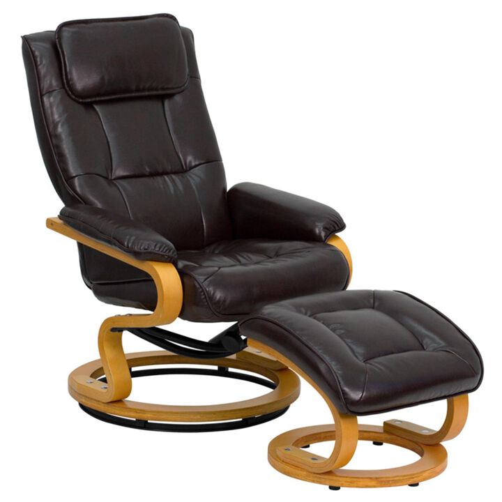 Flash Furniture Davies Contemporary Adjustable Recliner and Ottoman with Swivel Maple Wood Base in Brown LeatherSoft