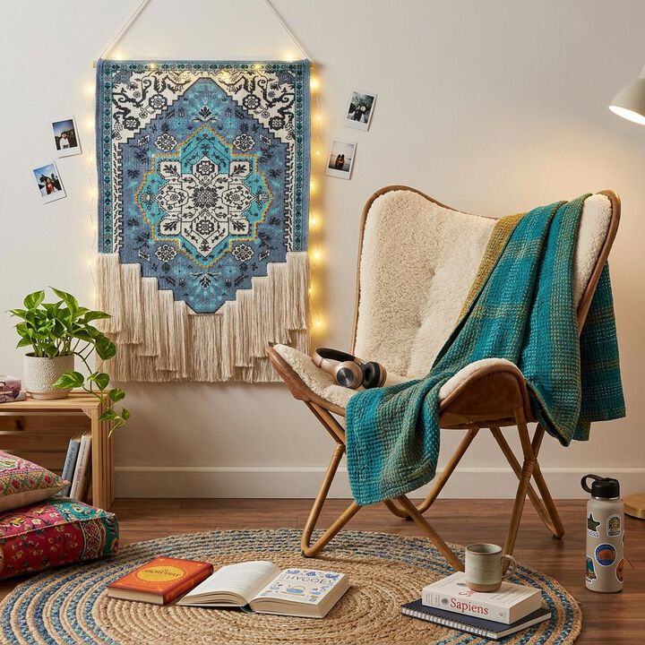 HomeRoots 26" X 45" Blue Aqua And Ivory Flower Floral Cotton Macrame Hanging Tapestry