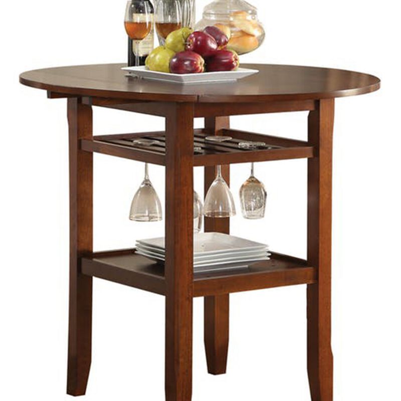 Round Top Wooden Counter Table with Stemware Rack and 2 Drop Leaves, Brown-Benzara
