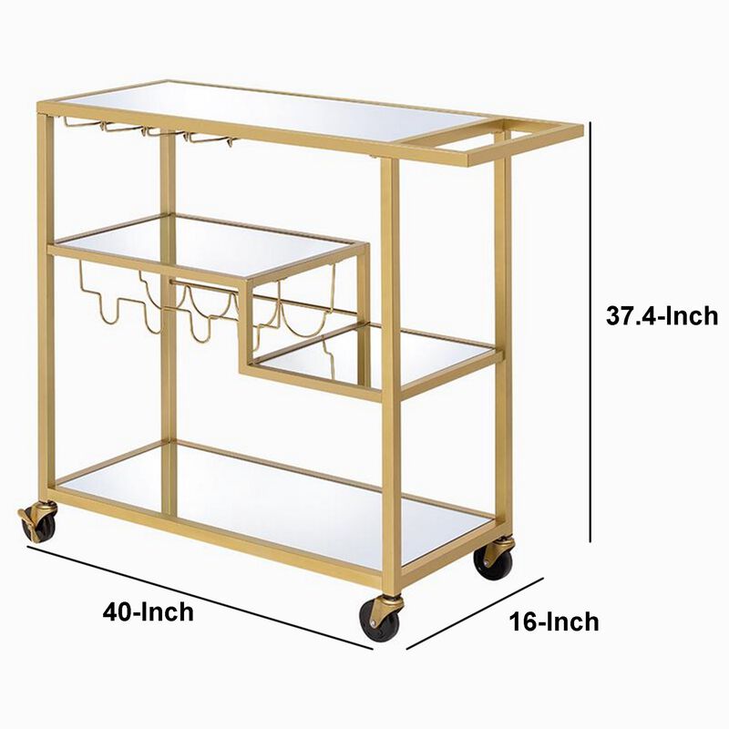 Metal Framed Serving Cart with Wine Bottle Holder and Stemware, Gold and Clear-Benzara