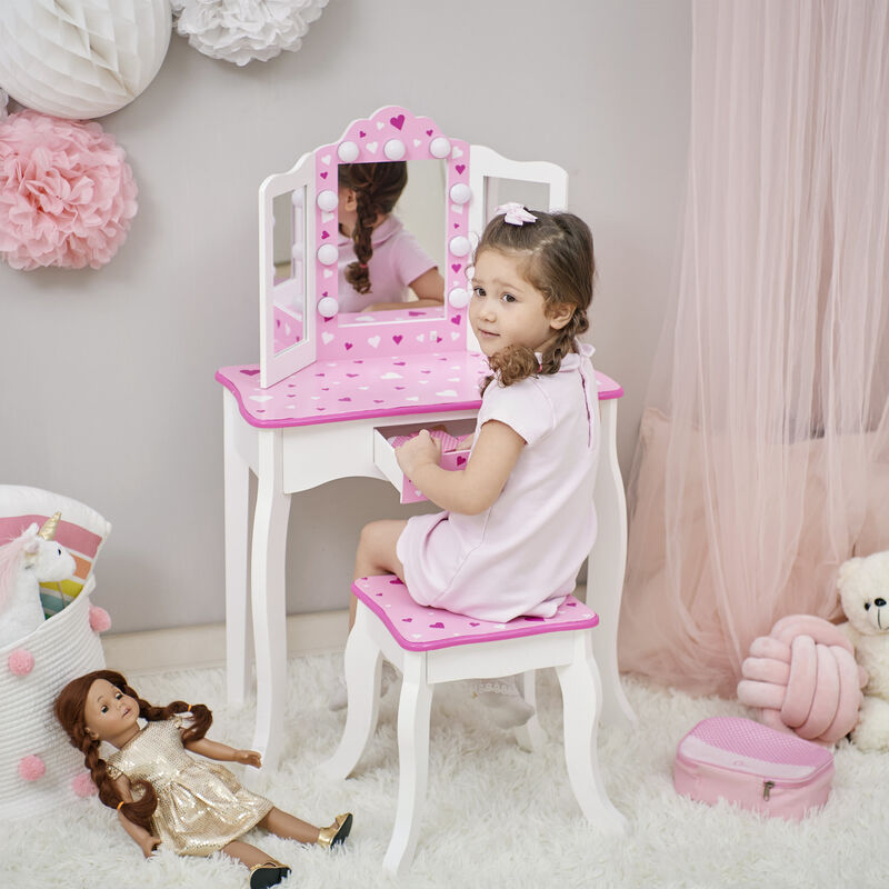 Gisele Sweethearts Kids Vanity Table & Stool w/ LED, White & Pink image number 6