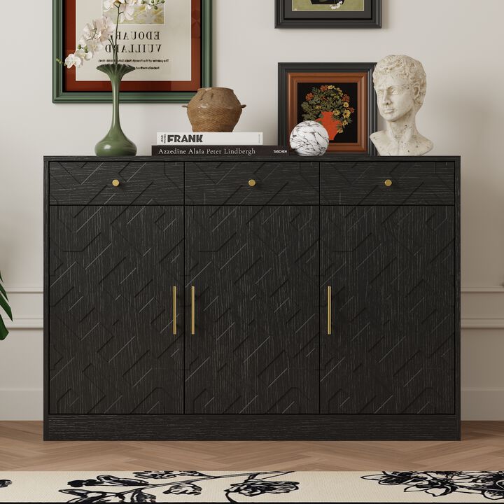 FUFU&GAGA Black Storage Cabinet with Three Drawers & Three Doors, Textured Embossed Surface, Gold Pulls, Adjustable Interior Shelves, 47.2 in. W x 15 in. D x 32.3 in. H (120 x 38 x 82 cm)
