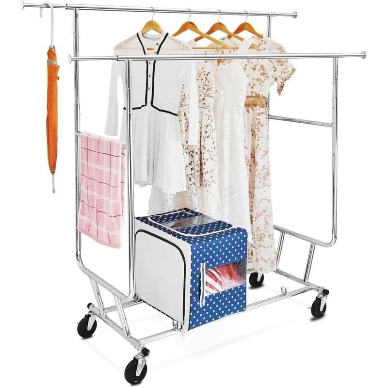 Hivvago Heavy Duty Double Bar Clothes Hanging Garment Rack on Lockable Wheels