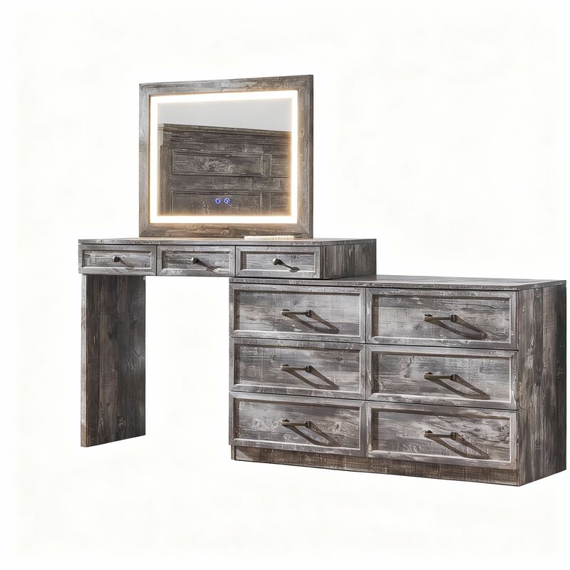 Farmhouse Glass-Top Vanity Desk,  LED Mirror,  Charging Port image number 0