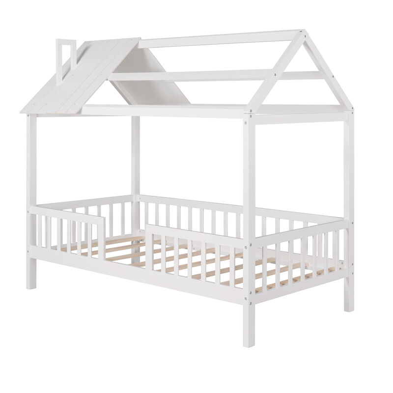 Whisen Twin Size Wood House Bed with Fence and Roof for Kids