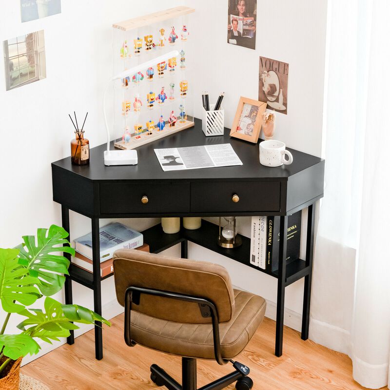 Space Saving Corner Computer Desk with 2 Large Drawers and Storage Shelf