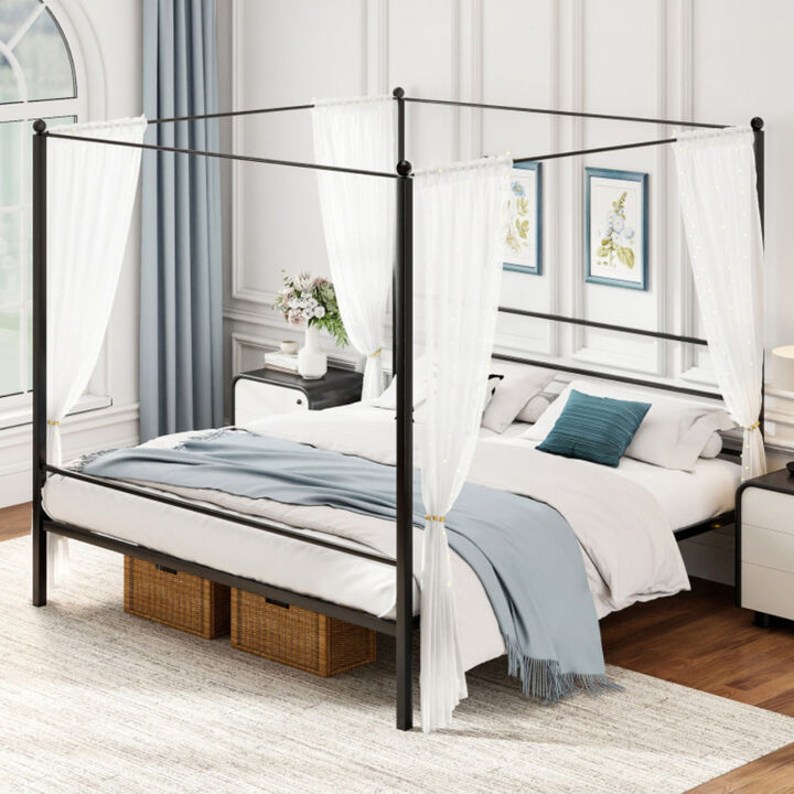Canopy Bed Frame with Slat Support, Sturdy Metal Construction For Bedroom