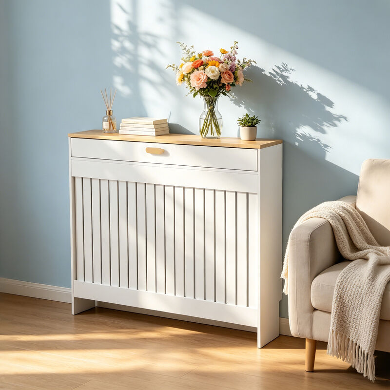 Radiator Cover with Drawer Shelf White Oak Finish Vertical MDF Slat Cabinet image number 9