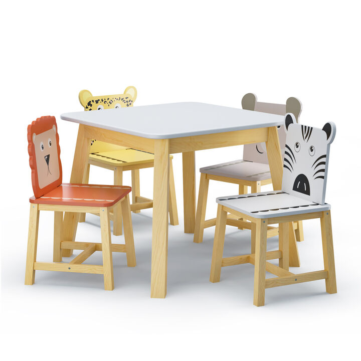 5 Piece Kiddy Table and Chair Set, Kids Wood Table with 4 Chairs Set Cartoon Animals (bigger table)（3-8 years old）