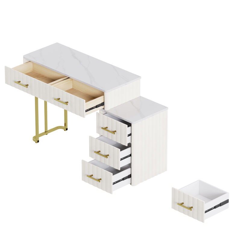 Merax Velvet Upholstered Vanity Set with Chair - Makeup Table with 5 Drawers & Marble-Top, Adjustable Left/Right Storage for Bedroom