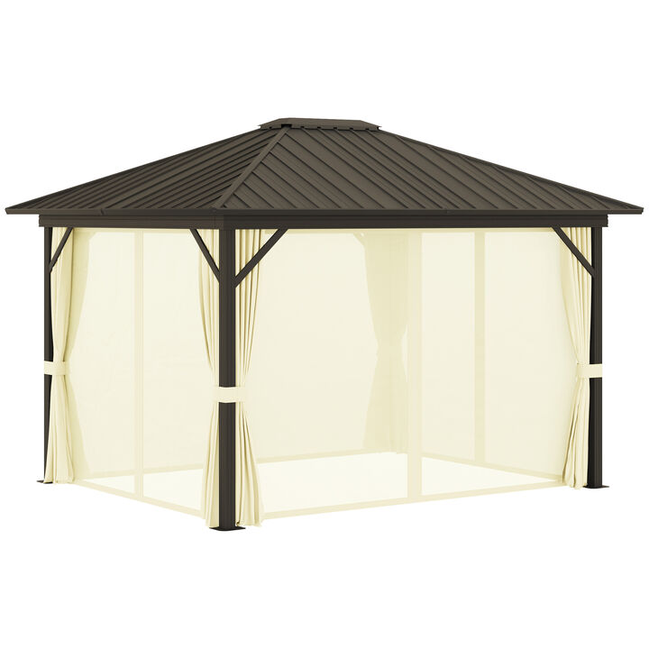 Outsunny 10' x 12' Hardtop Gazebo Canopy with Galvanized Steel Roof, Aluminum Frame, Permanent Pavilion with Top Hook, Netting and Curtains for Patio, Garden, Backyard, Deck, Lawn, Cream White