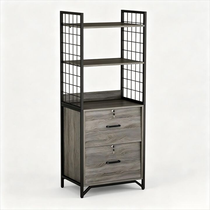 File Cabinet, 64"H Filing Cabinet with Printer Stand and Bookshelf, Small Office Cabinet with 2 Wood Drawers and Shelves, Drawer Office File Cabinets