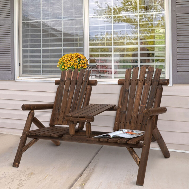 Patio Bench Chair with Center Coffee Table Outdoor Loveseat for Garden & Porch Seating