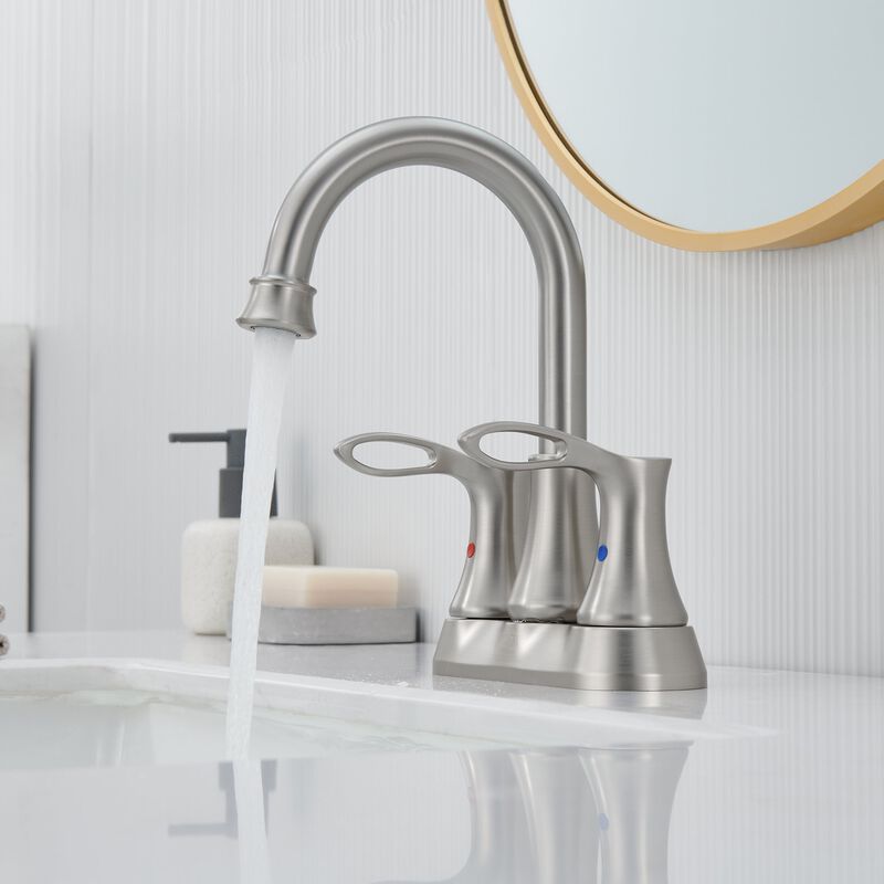 Mondawe 4 Inch 2-Handle Centerset High Arc Bathroom Sink Faucet Lavatory Faucet with Stainless Steel Drain