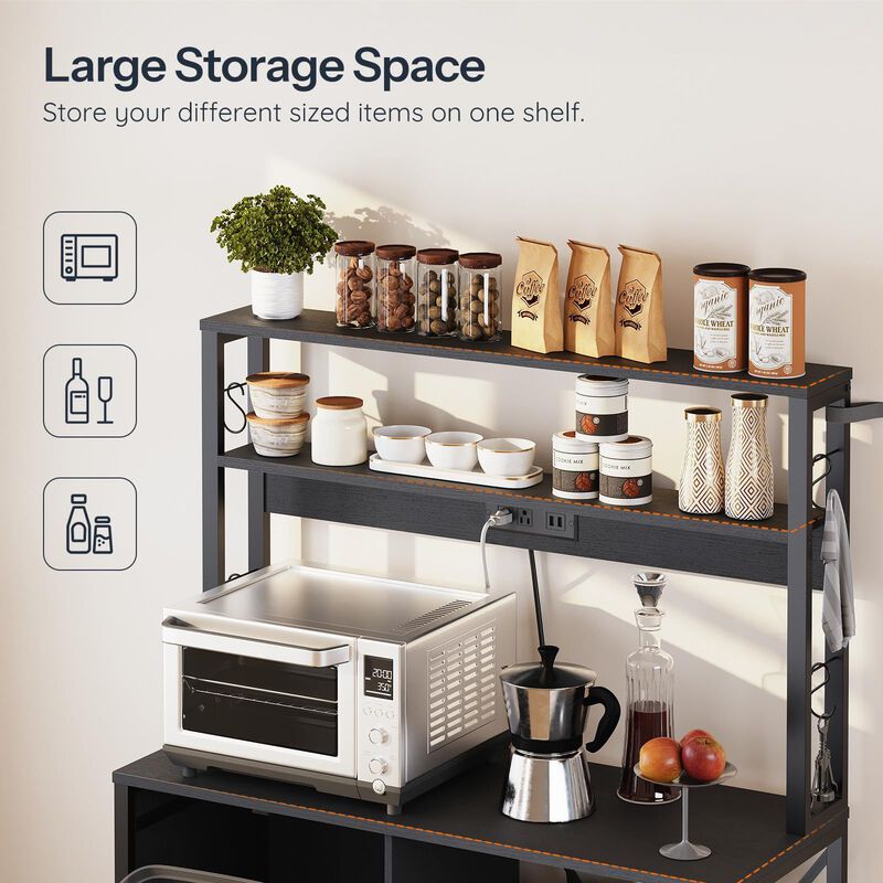 5 Tier Kitchen Bakers Rack with Microwave Shelf and Trash Bin Cabinet-Black image number 5