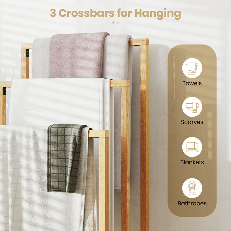 3-Tier Teak Bathroom Towel Holder with Crossbars &ndash; Freestanding Storage Rack image number 7