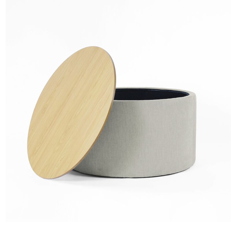 Mesy Storage Ottoman, 30 Inch Round Lift Tray Top, Light Gray Woven - Benzara